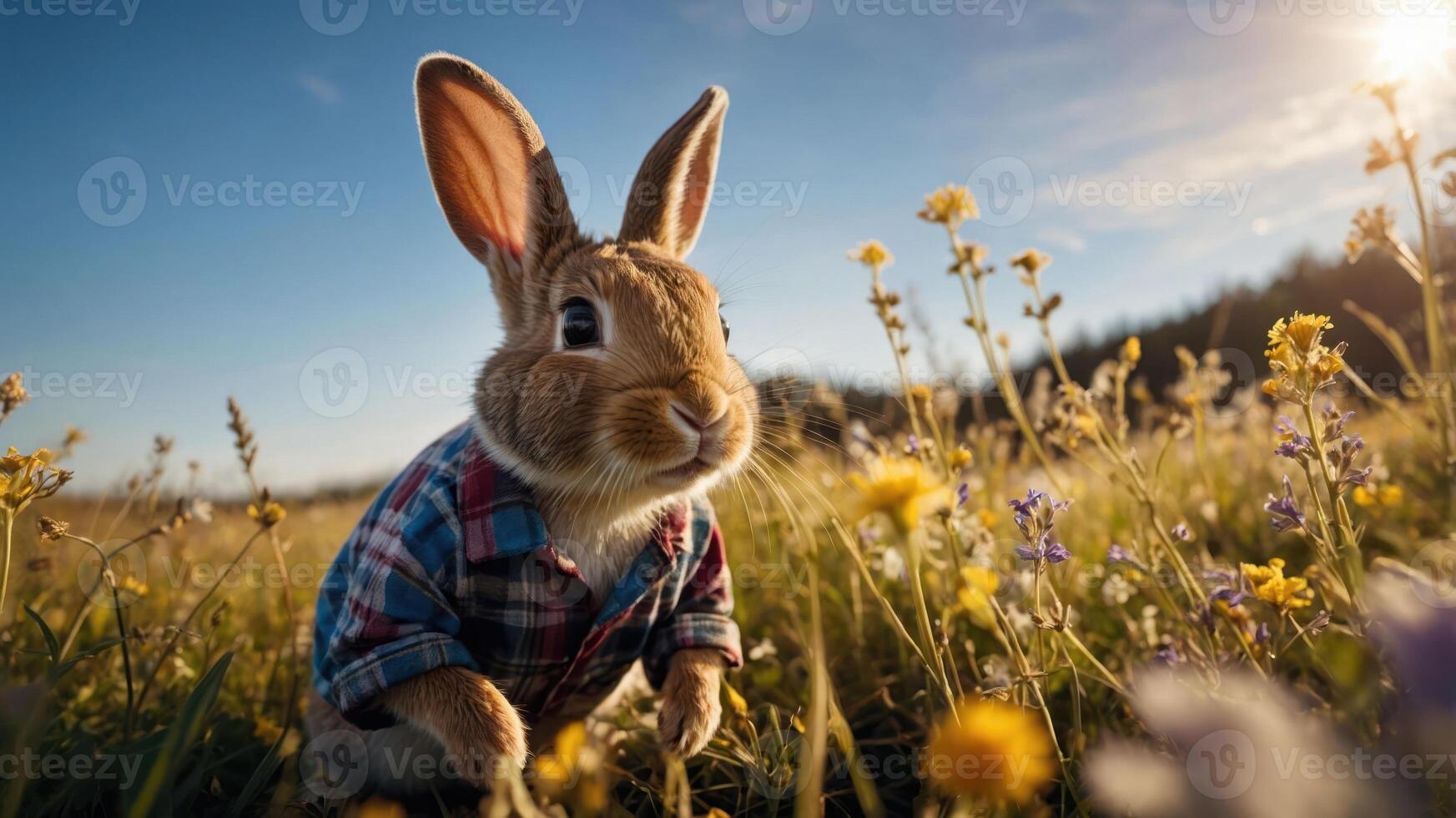 A cute rabbit wearing a plaid shirt stands among colorful wildflowers in a sunny field. photo