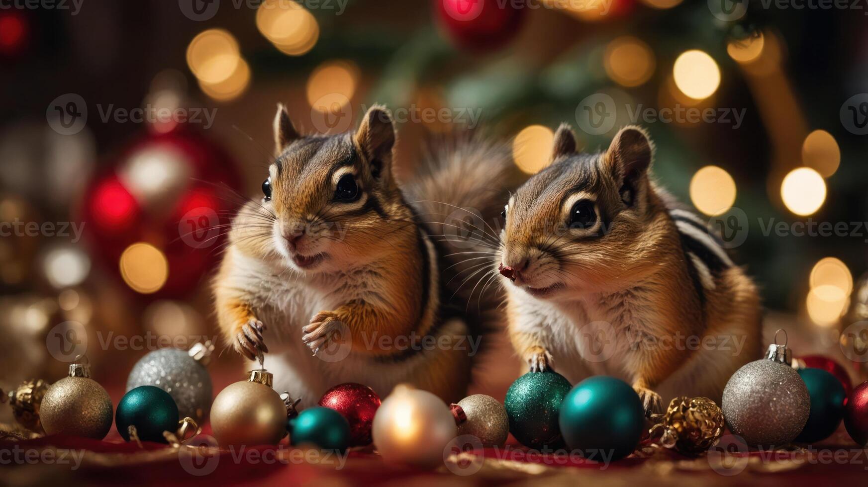 Two chipmunks surrounded by colorful ornaments in a festive setting. photo