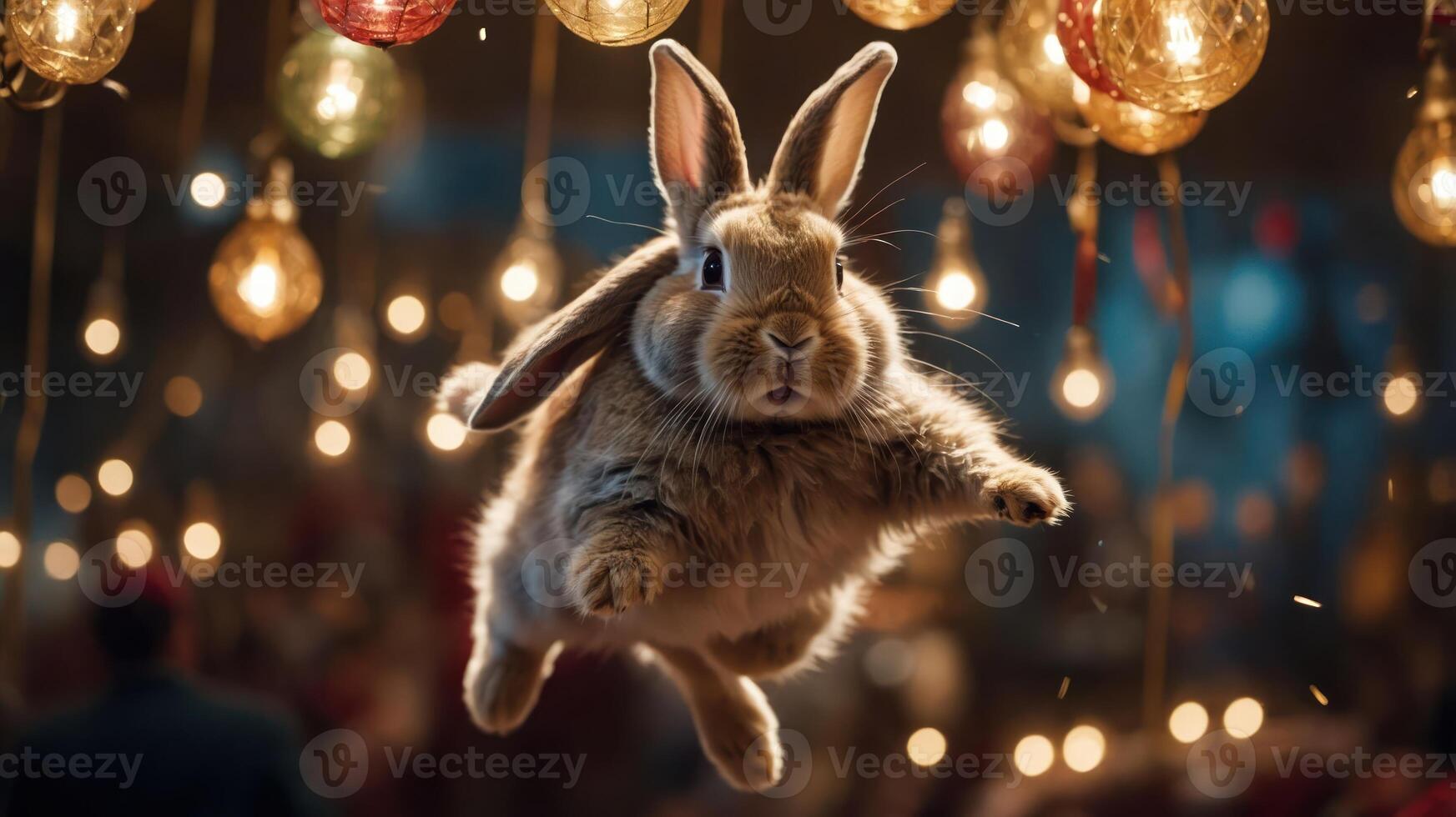 A fluffy rabbit leaps joyfully amidst colorful hanging lights, creating a whimsical atmosphere. photo