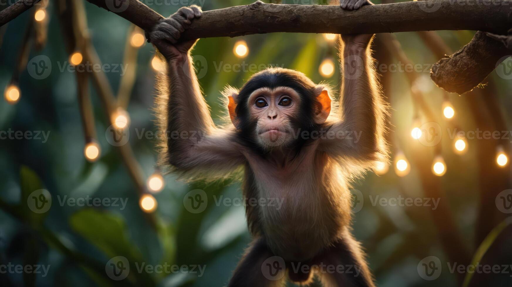 A monkey hanging from a branch adorned with glowing lights in a lush environment. photo
