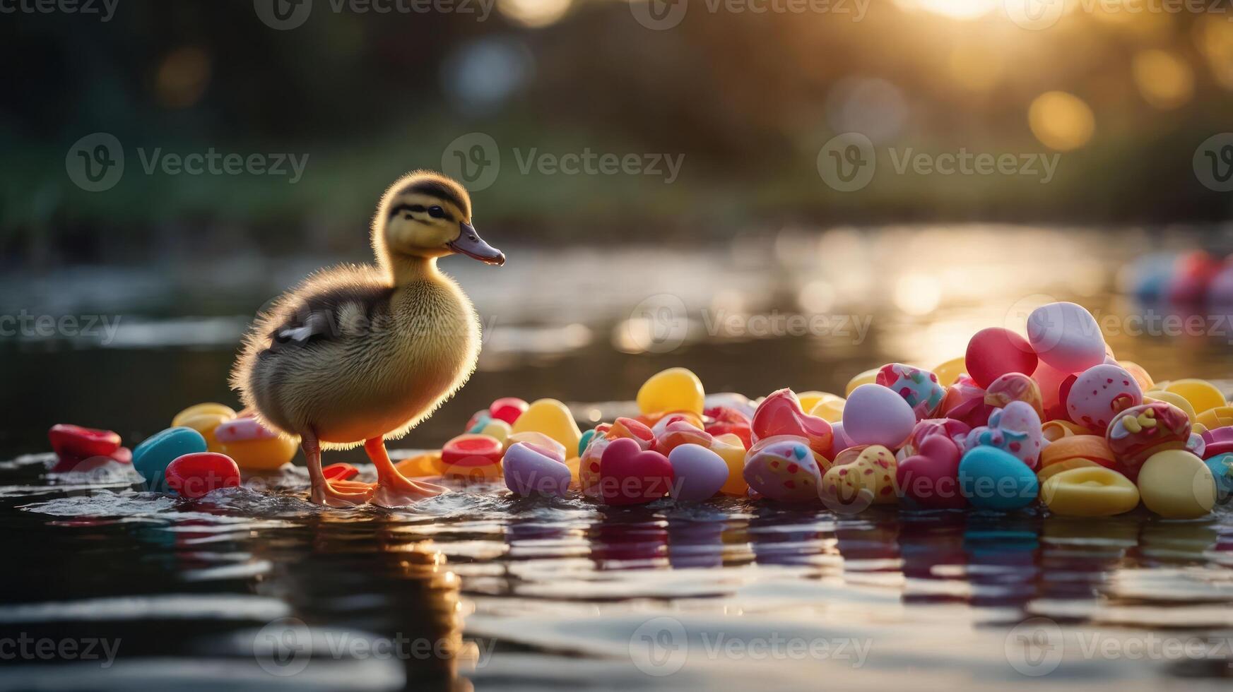 A duckling walks on colorful Easter eggs floating in a serene water setting during sunset. photo
