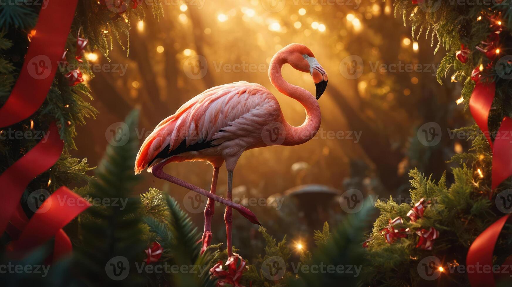 A vibrant flamingo stands amidst festive greenery, illuminated by warm, soft light. photo