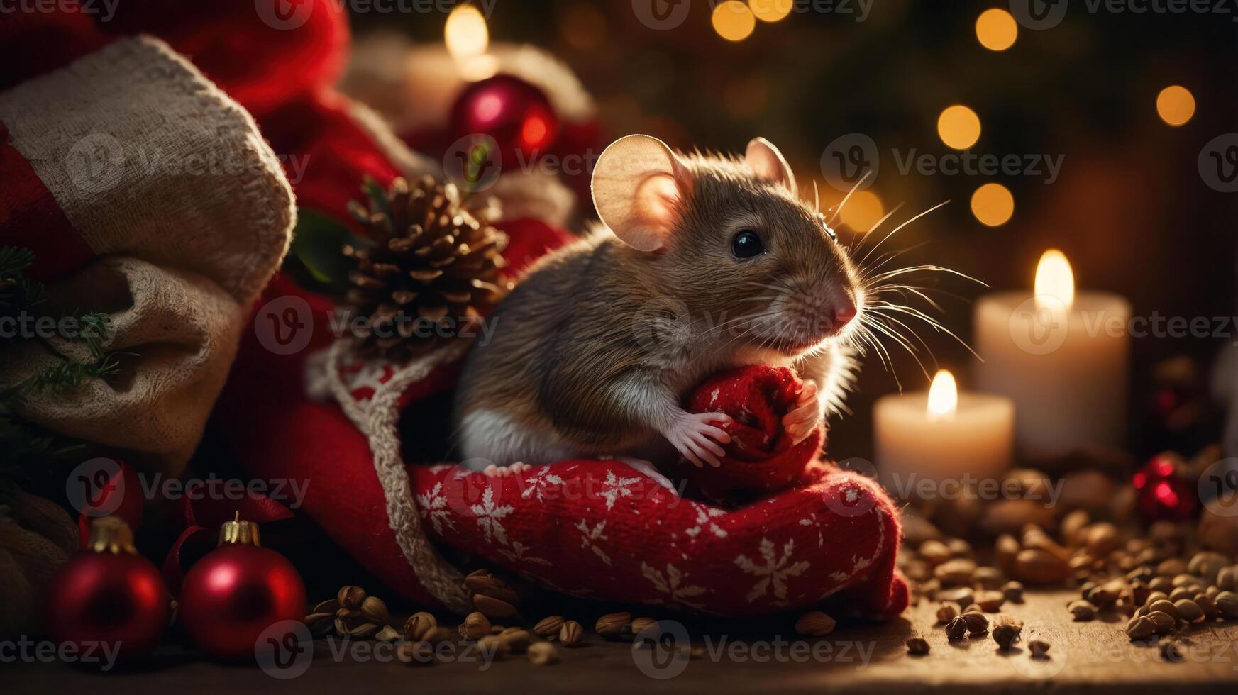 A festive mouse nestled in a Christmas stocking surrounded by decorations and candles. photo