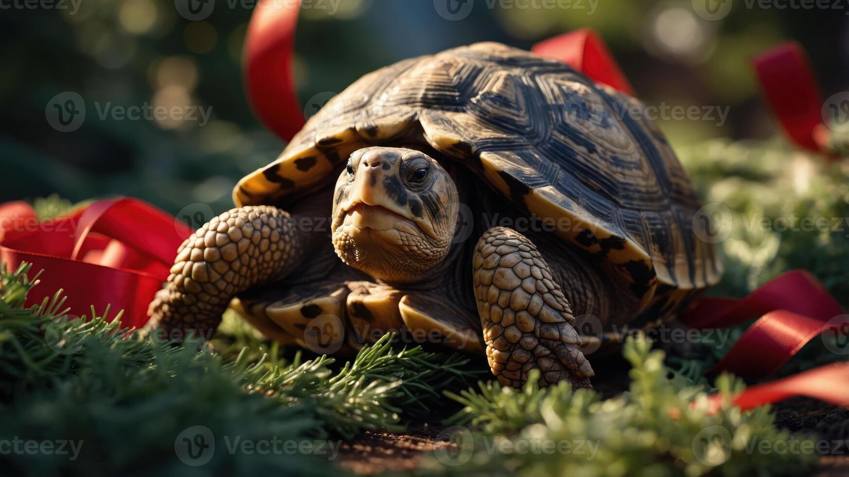 A tortoise resting on greenery with red ribbons, creating a festive atmosphere. photo