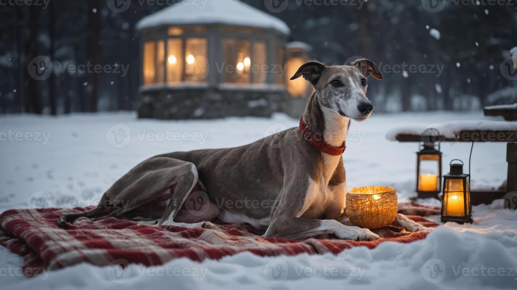 A greyhound resting on a blanket in a snowy setting with lanterns and a cozy atmosphere. photo