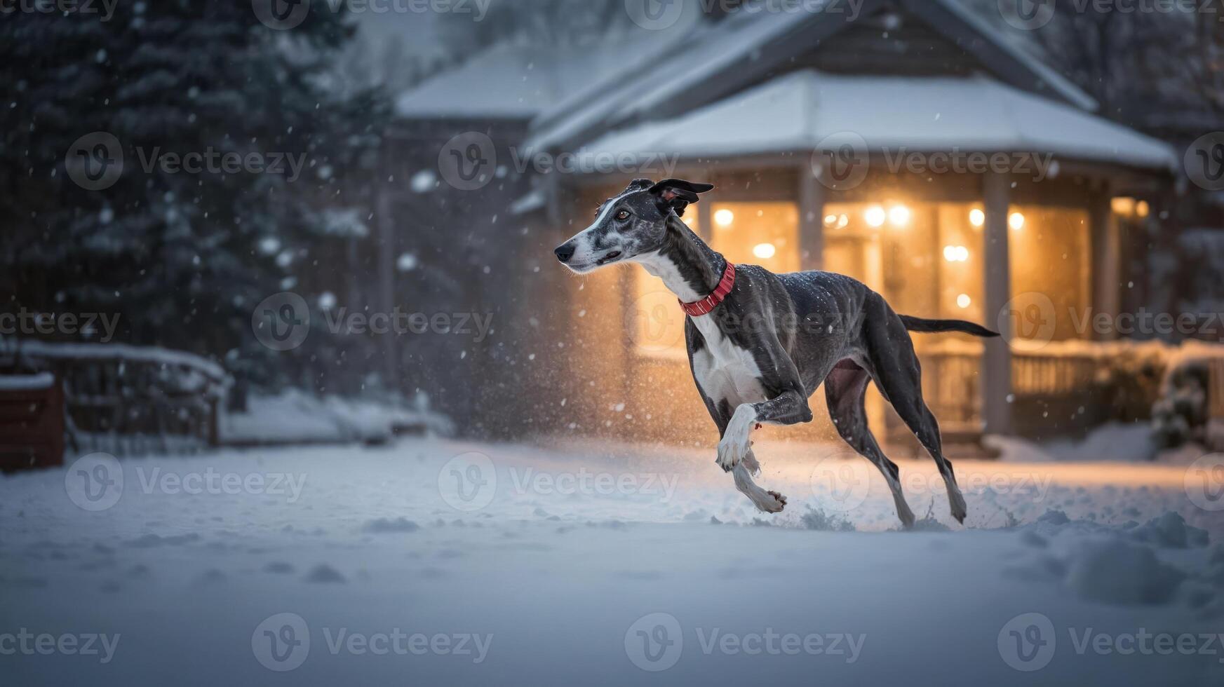 A dog joyfully runs through the snow in a wintery landscape near a cozy home. photo