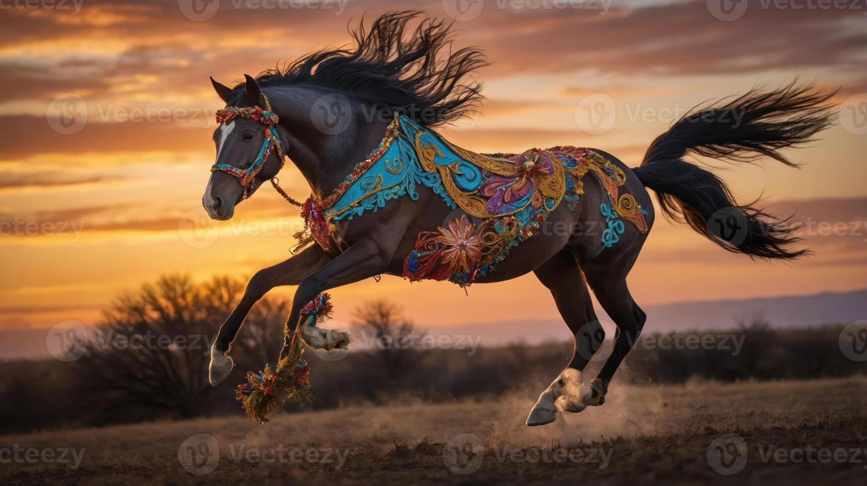 A decorated horse leaps gracefully against a vibrant sunset backdrop. photo