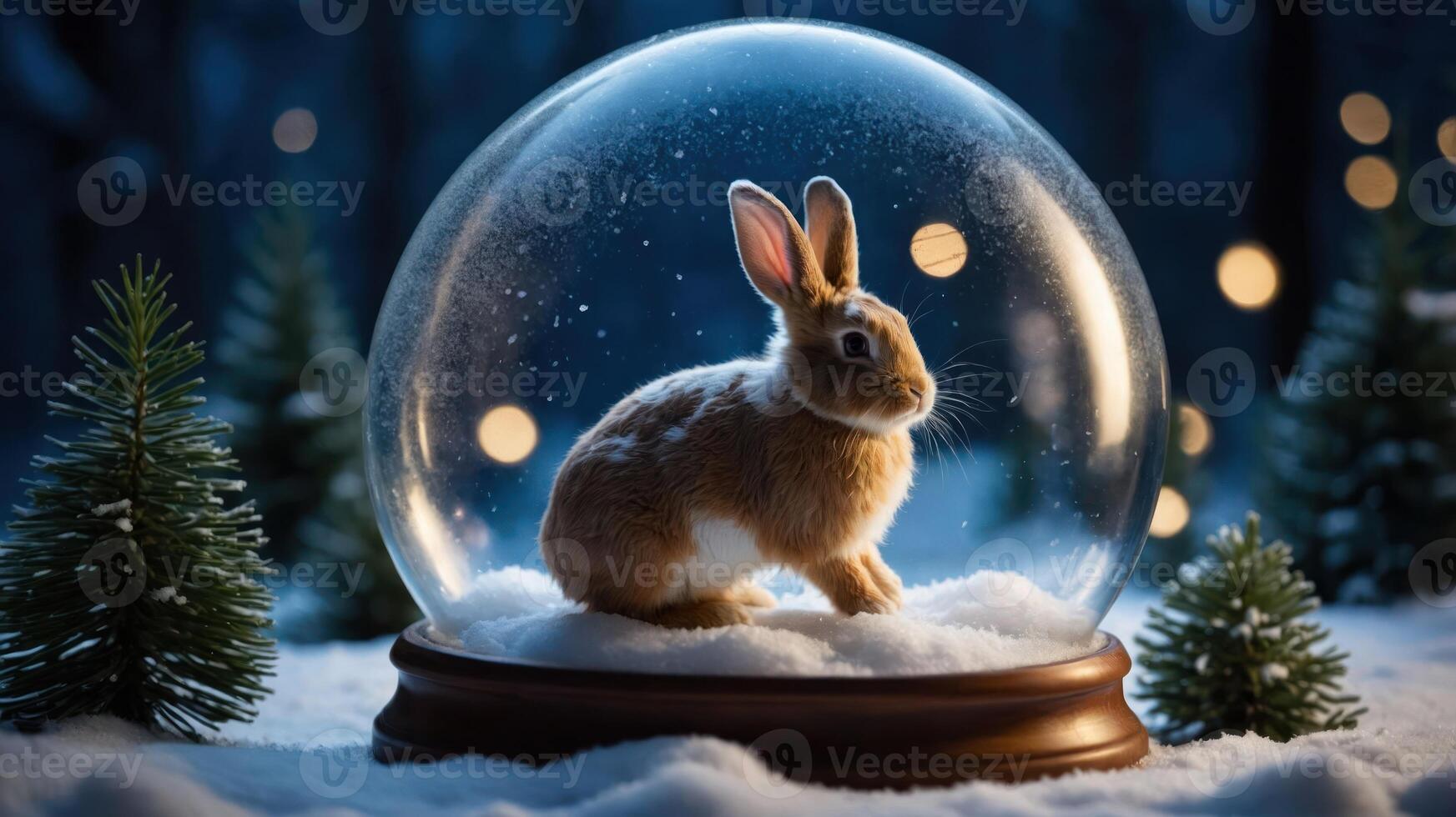 A rabbit inside a snow globe surrounded by snow and pine trees, creating a winter scene. photo