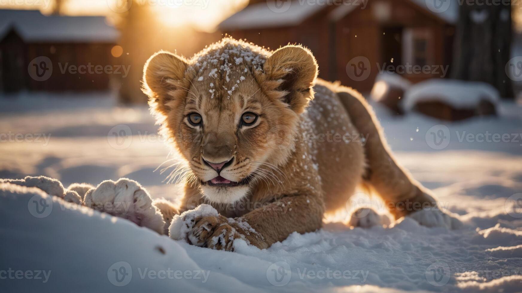 A playful lion cub in the snow, showcasing its curiosity and winter environment. photo