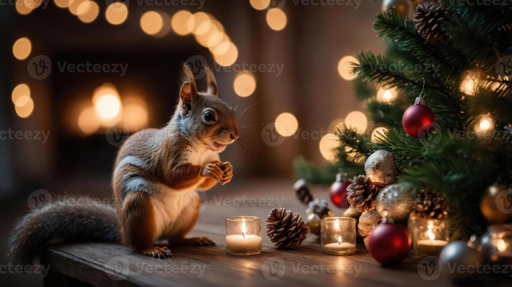 A squirrel curiously inspects candles near a decorated Christmas tree. photo