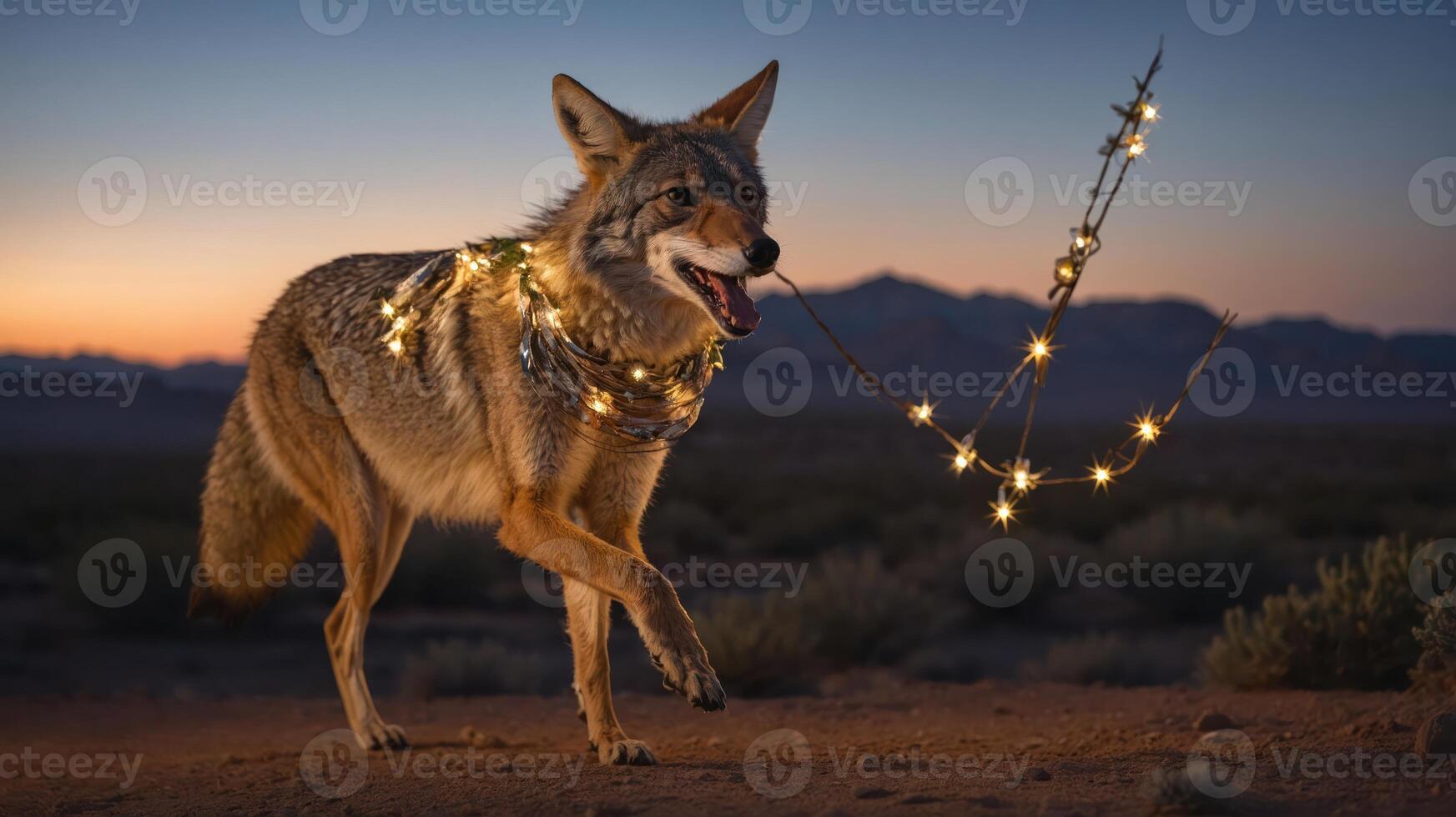 A coyote playfully carries string lights in a desert landscape at sunset. photo