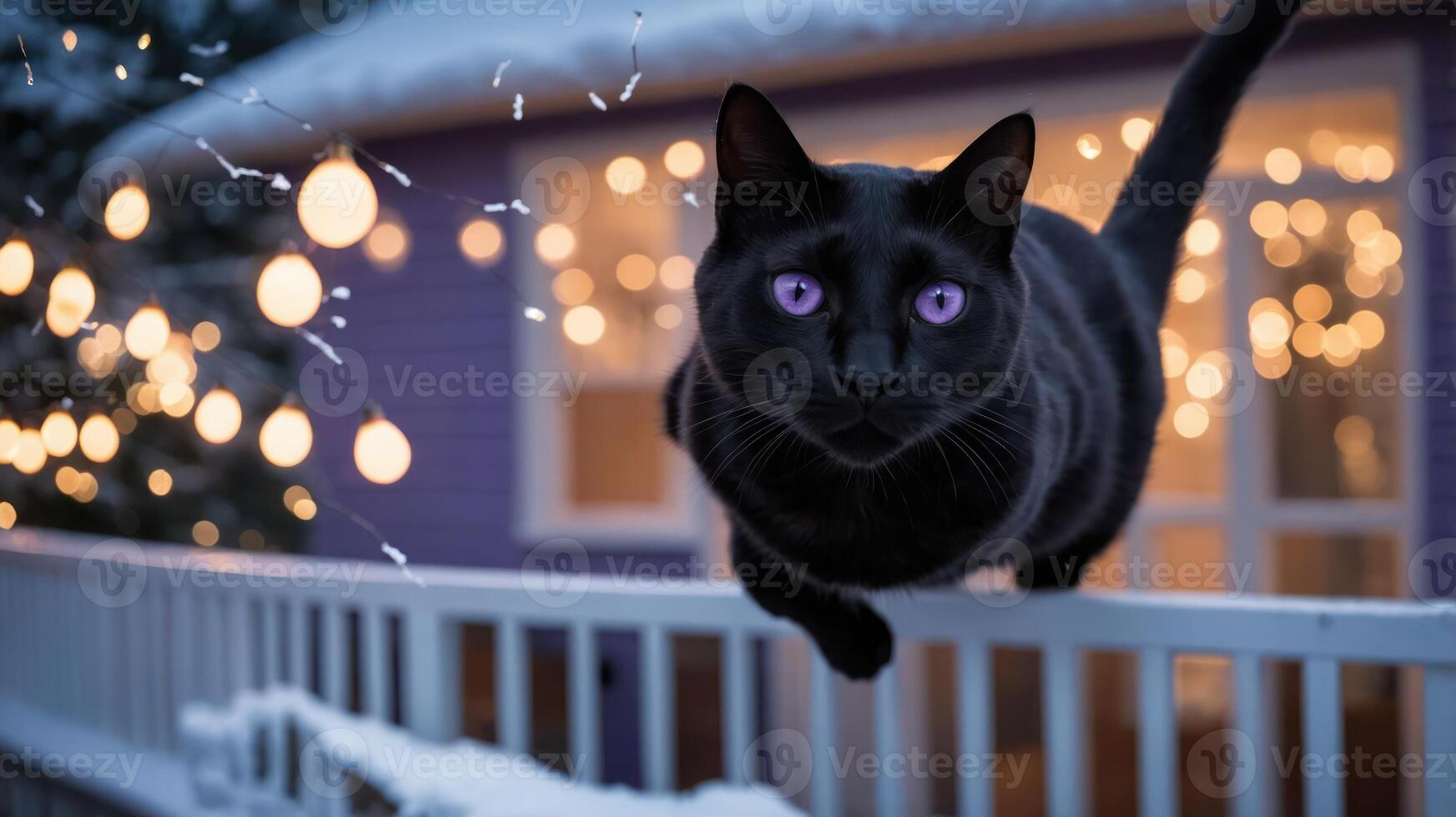 A black cat with purple eyes leaps over a snowy railing adorned with glowing lights. photo