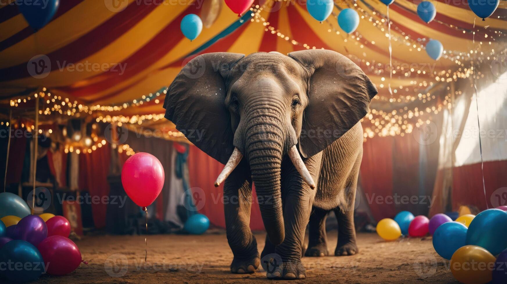 An elephant stands in a festive circus tent, surrounded by colorful balloons and lights. photo