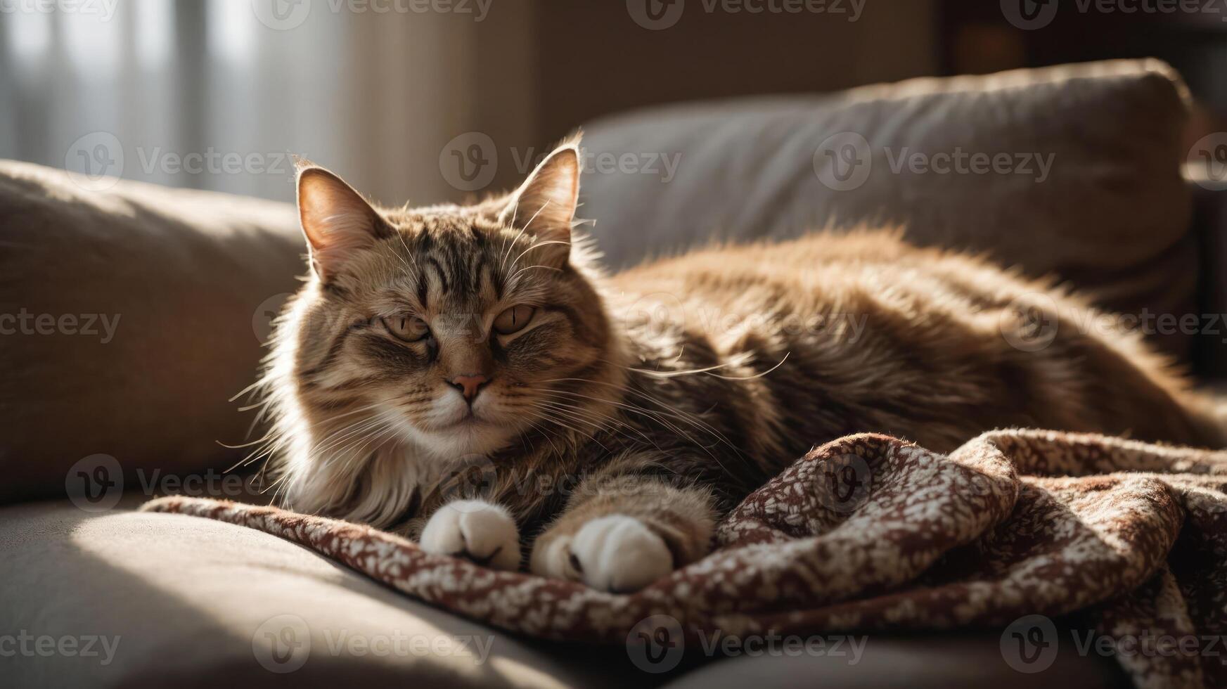 A cozy cat lounging on a couch with a blanket in warm sunlight. photo