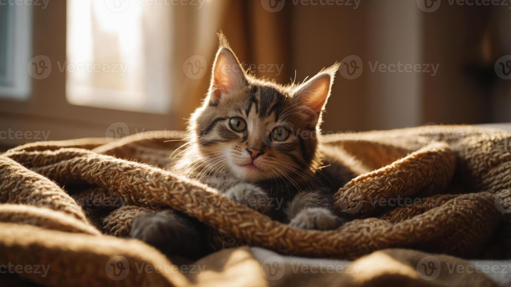 A playful kitten resting on a cozy blanket, illuminated by warm sunlight. photo