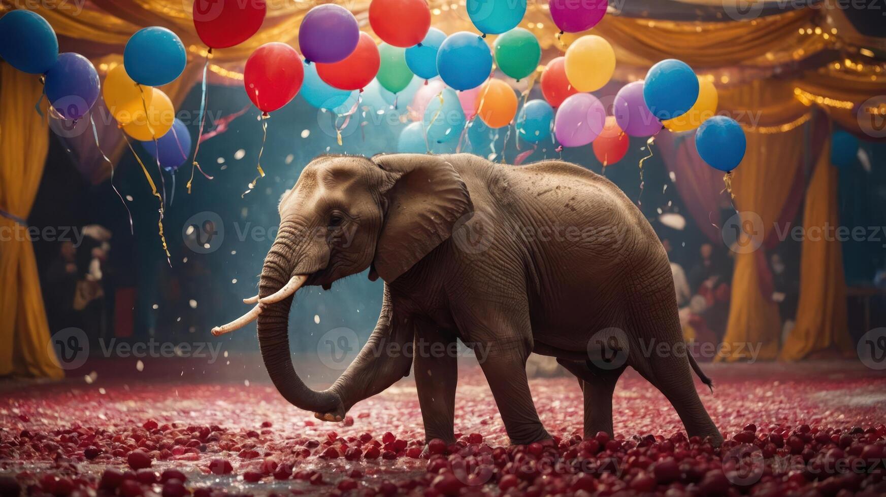 An elephant surrounded by colorful balloons in a festive, decorated setting. photo