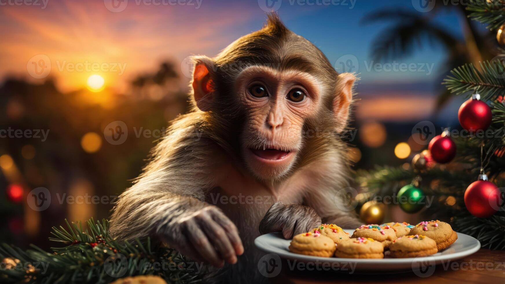 A monkey curiously gazes at a plate of cookies during a festive sunset. photo