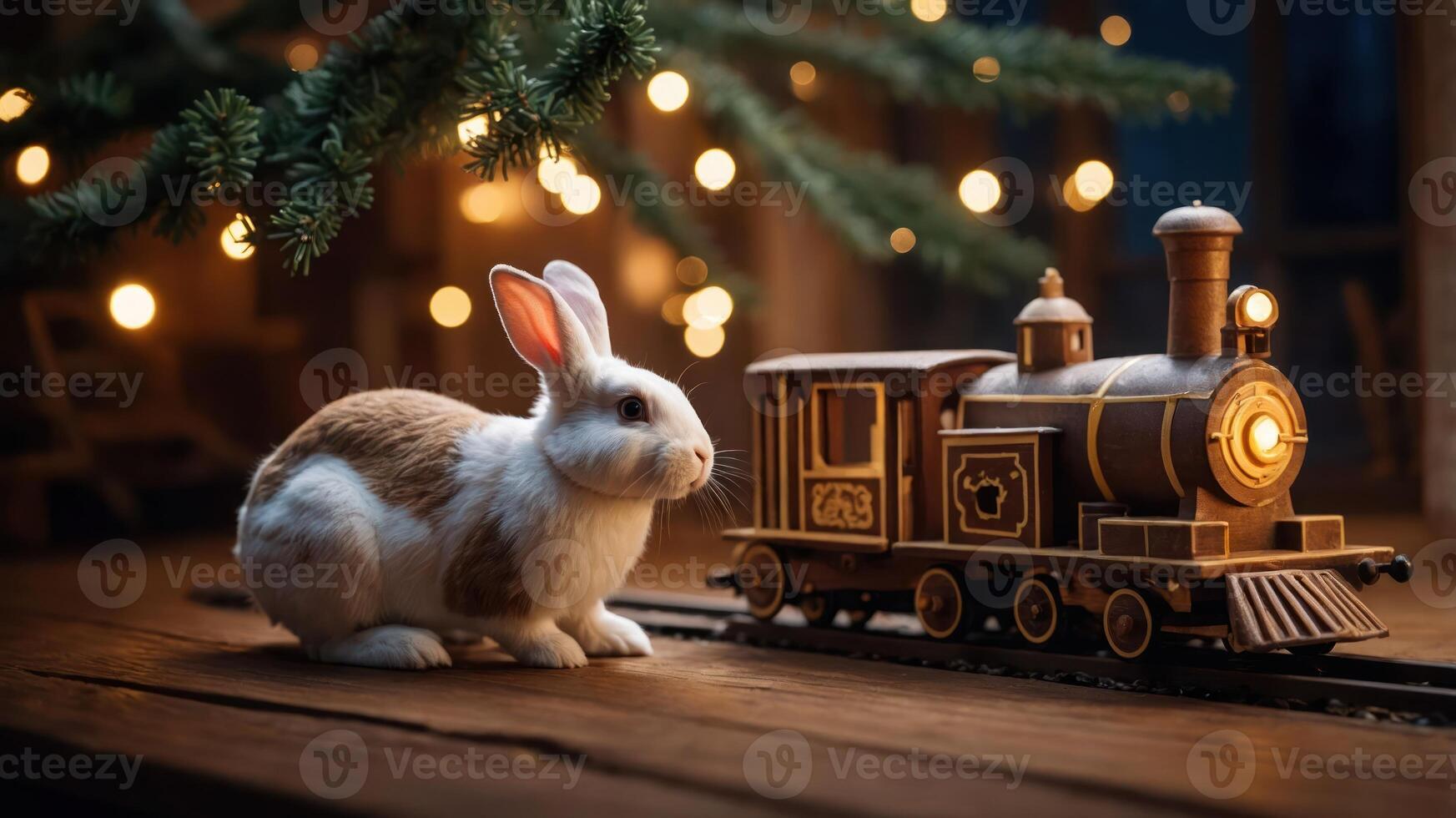 A rabbit beside a wooden train on a festive setting with twinkling lights. photo