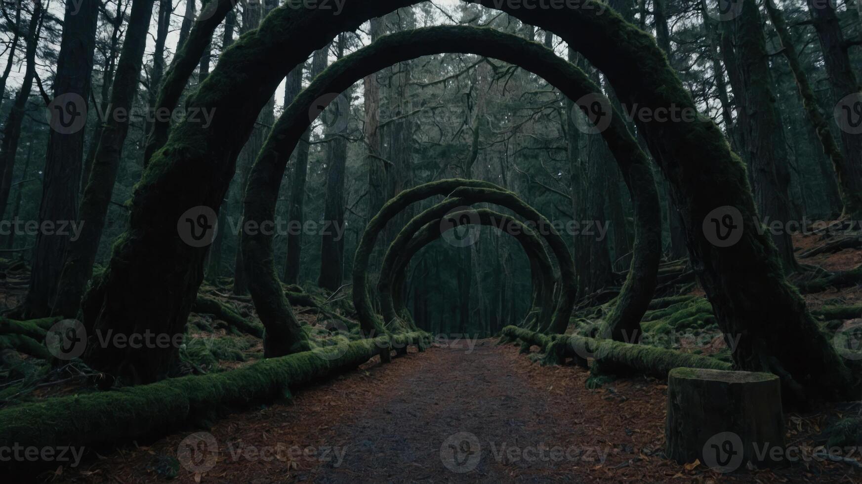 An enchanting forest path framed by moss-covered arches in a serene, misty atmosphere. photo