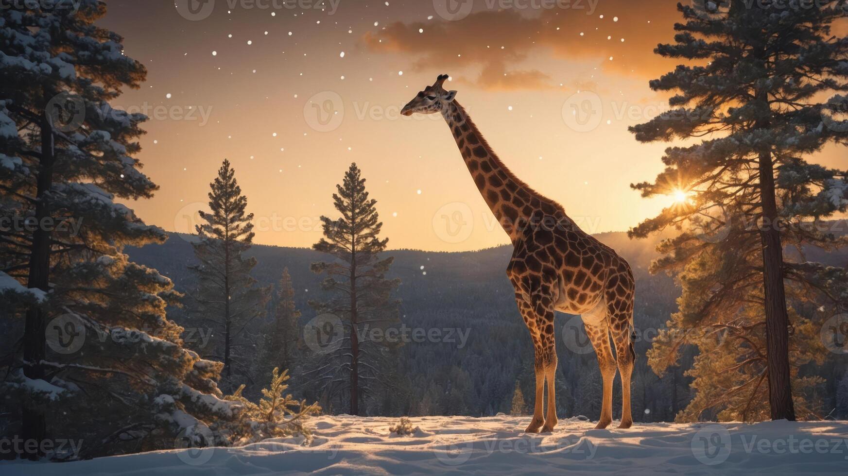 A giraffe standing in a snowy forest during sunset, creating a serene winter scene. photo