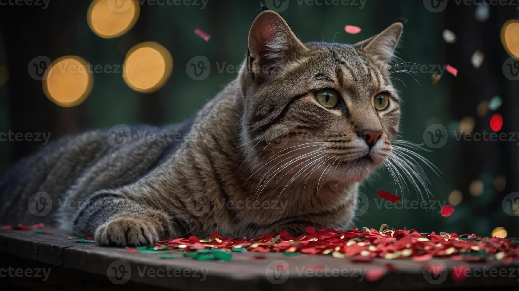 A tabby cat resting on a table surrounded by colorful confetti and soft bokeh lights. photo