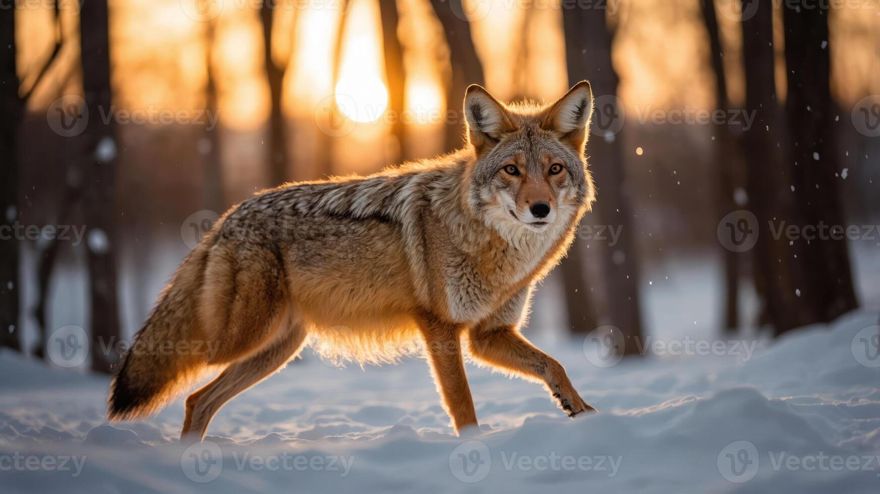 A coyote walking through snowy terrain at sunset, showcasing wildlife in a serene environment. photo
