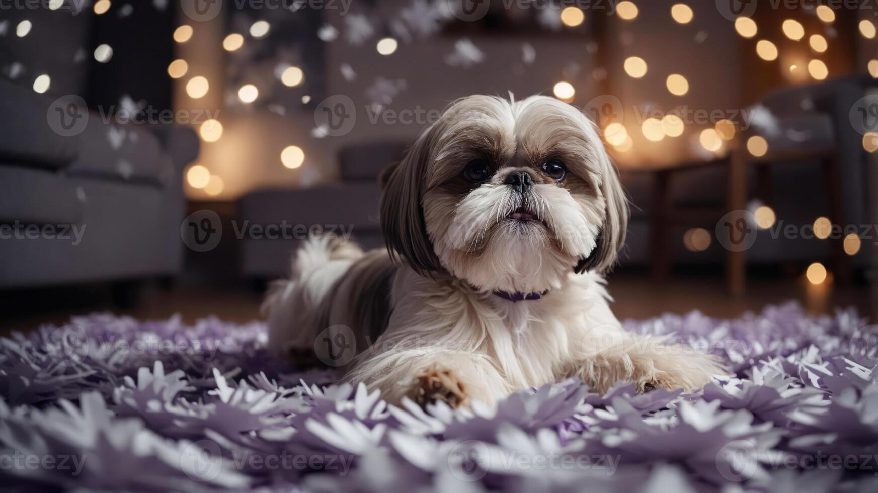 A Shih Tzu dog rests on a purple rug surrounded by soft lighting and blurred bokeh effects. photo