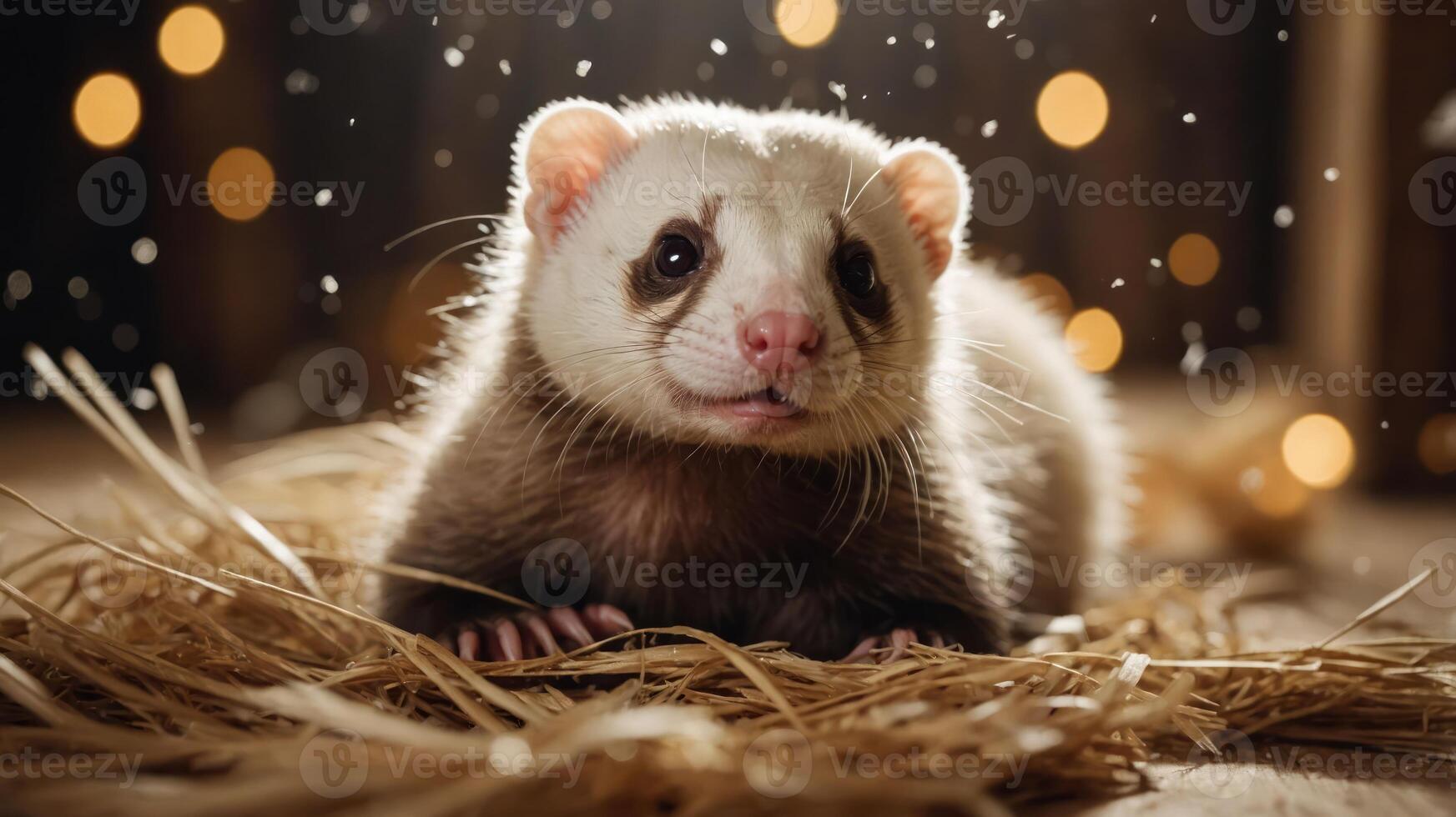 A cute ferret resting on straw with soft lighting and bokeh effect in the background. photo