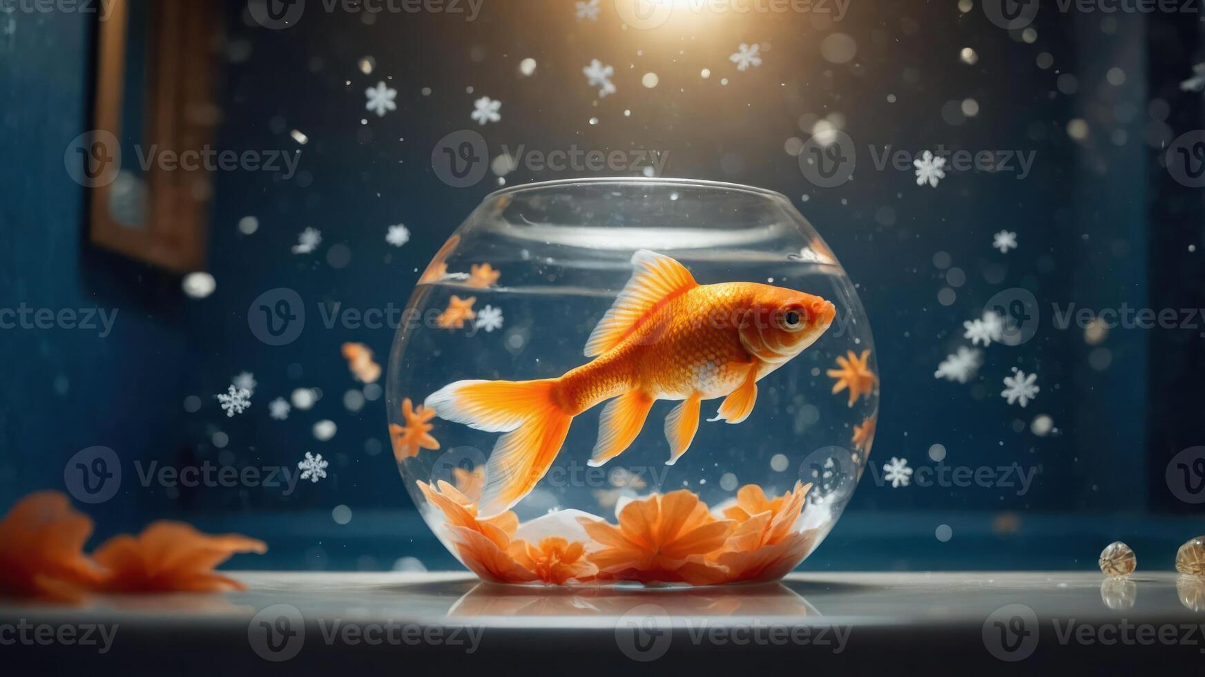 A goldfish swims in a bowl surrounded by floating leaves, creating a serene atmosphere. photo