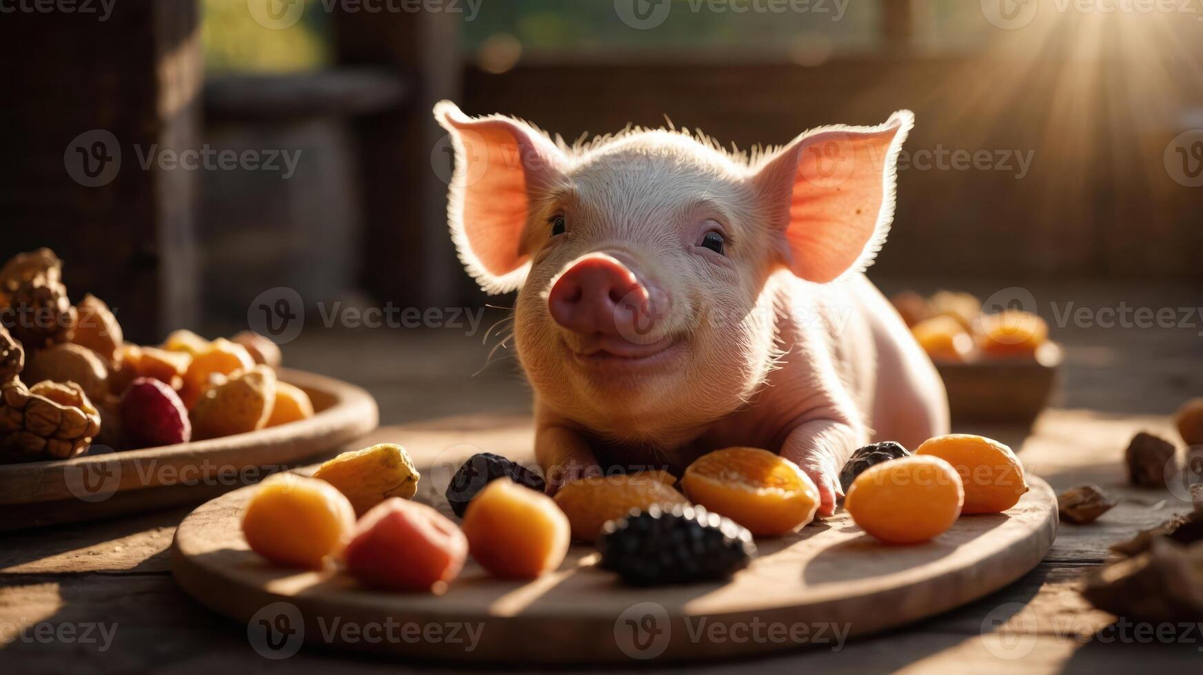 A cute piglet surrounded by various fruits on wooden plates in a warm, natural setting. photo