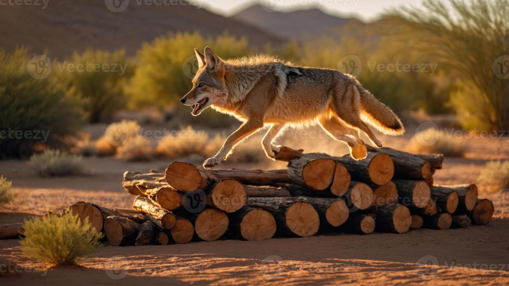 A coyote gracefully leaps over a stack of logs in a sunlit desert landscape. photo
