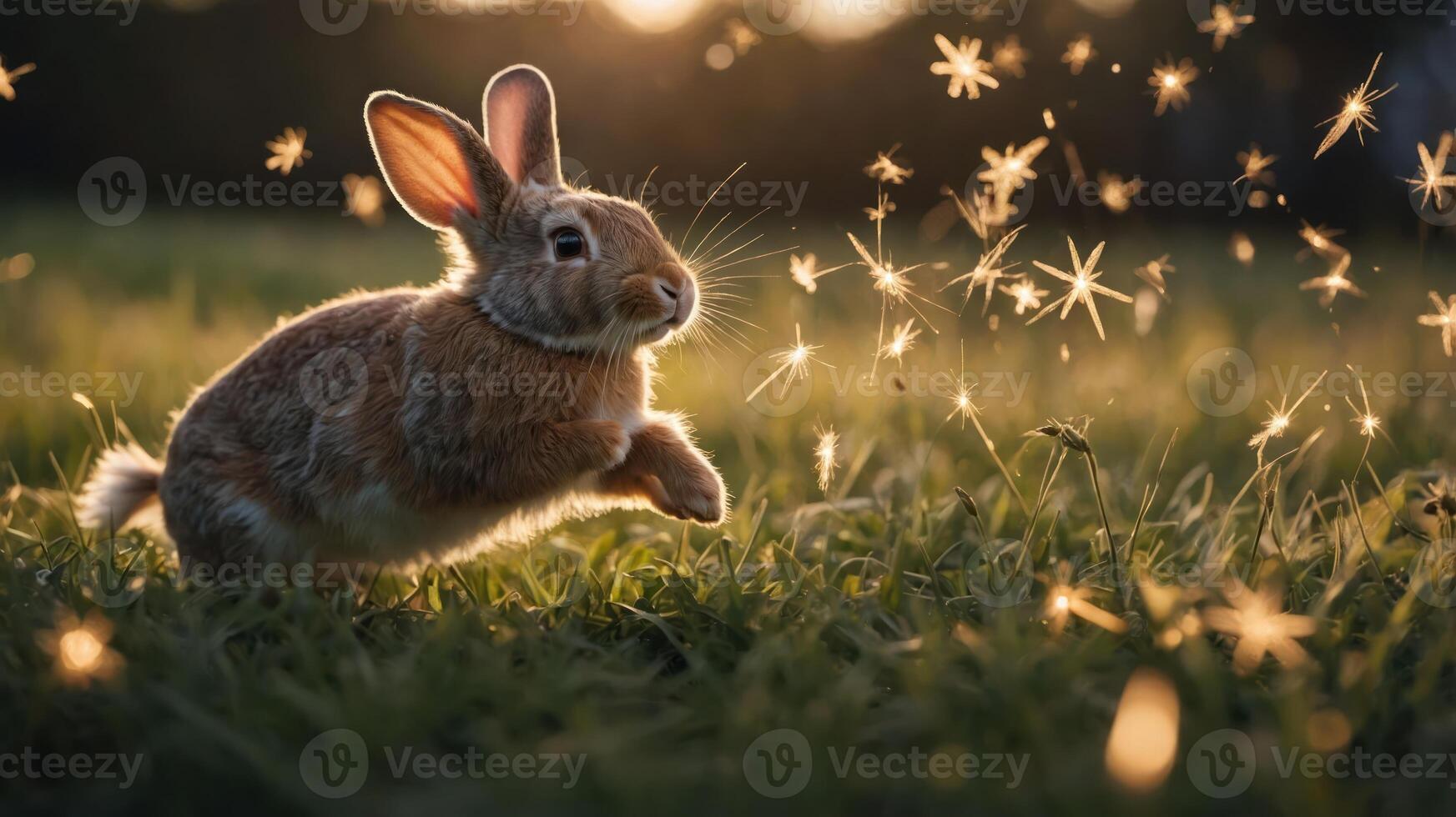 A rabbit leaps through grass, surrounded by sparkling particles in a serene setting. photo