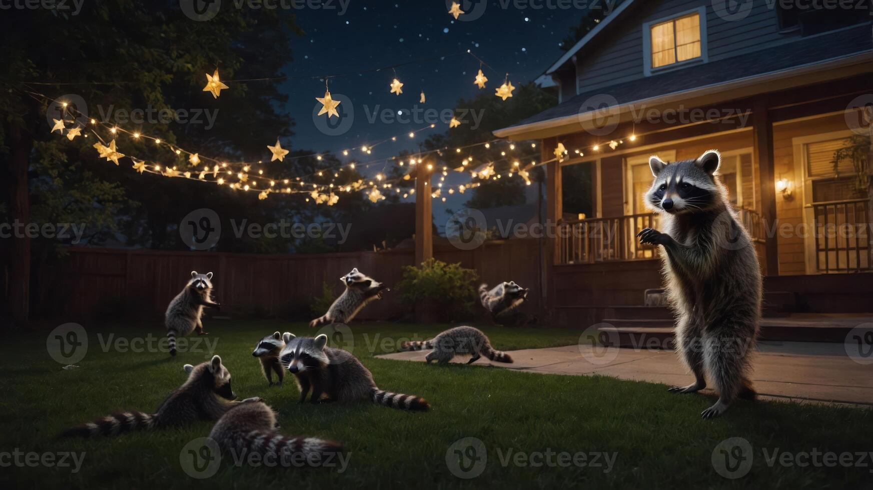 A whimsical night scene featuring raccoons enjoying a backyard under twinkling lights. photo