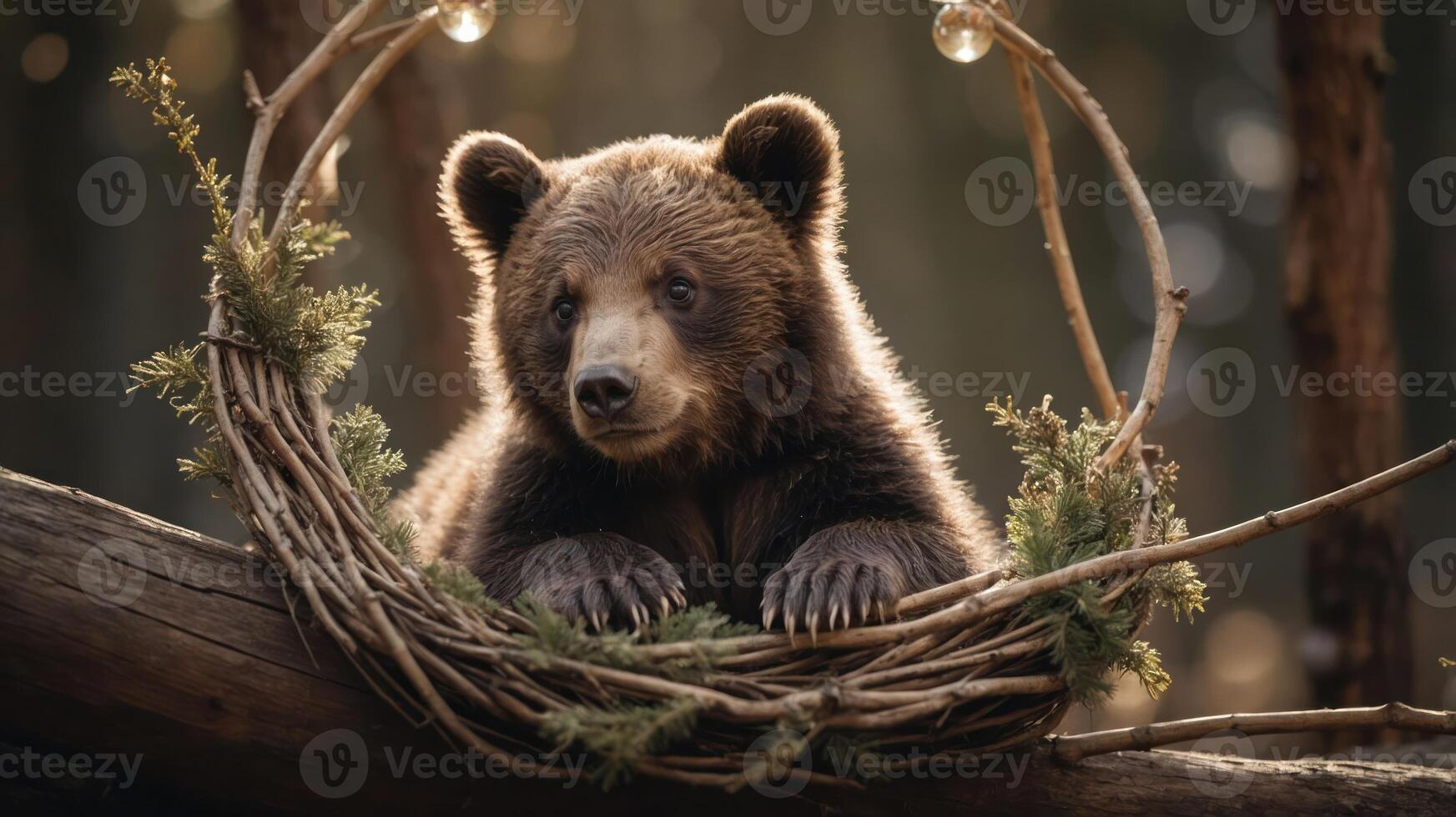 A young bear rests in a natural nest-like arrangement, surrounded by greenery and soft light. photo