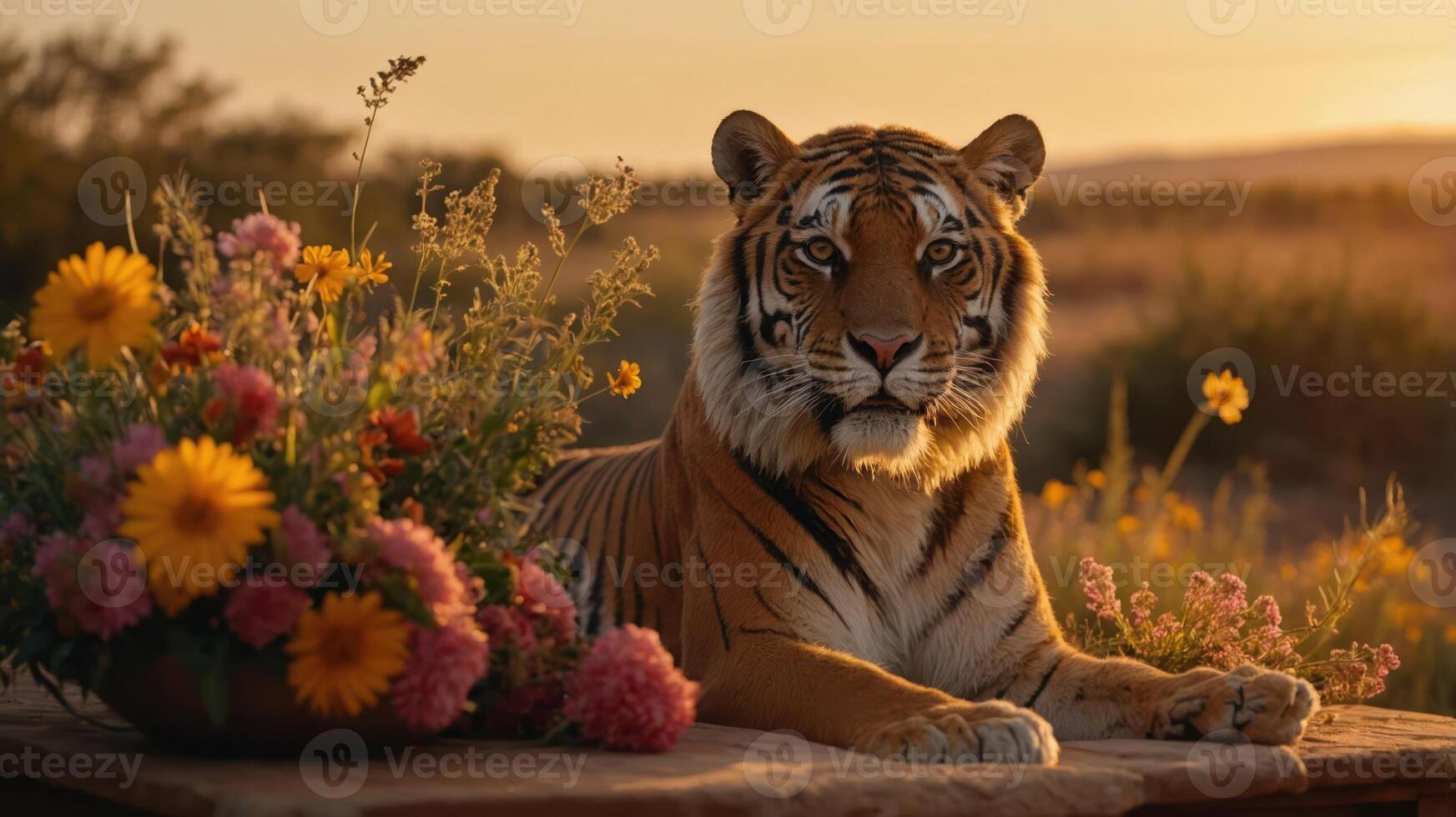 A serene tiger rests beside a vibrant bouquet of flowers during sunset in a natural setting. photo