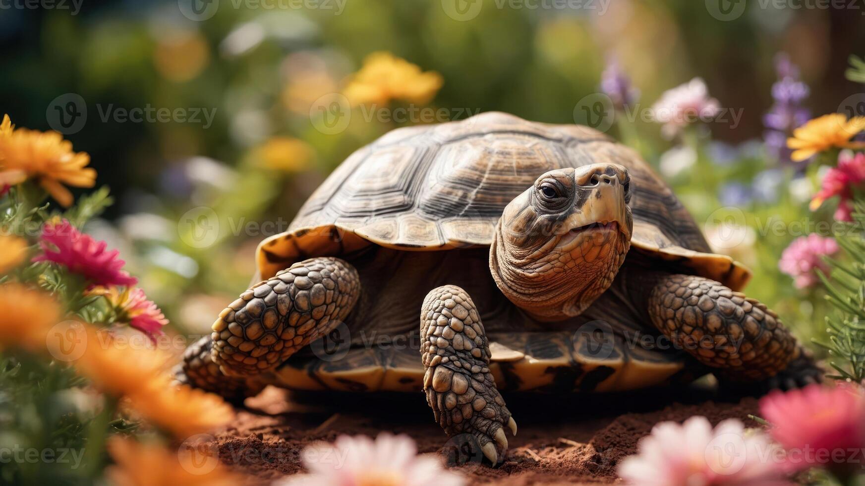 A tortoise resting among colorful flowers in a vibrant garden setting. photo