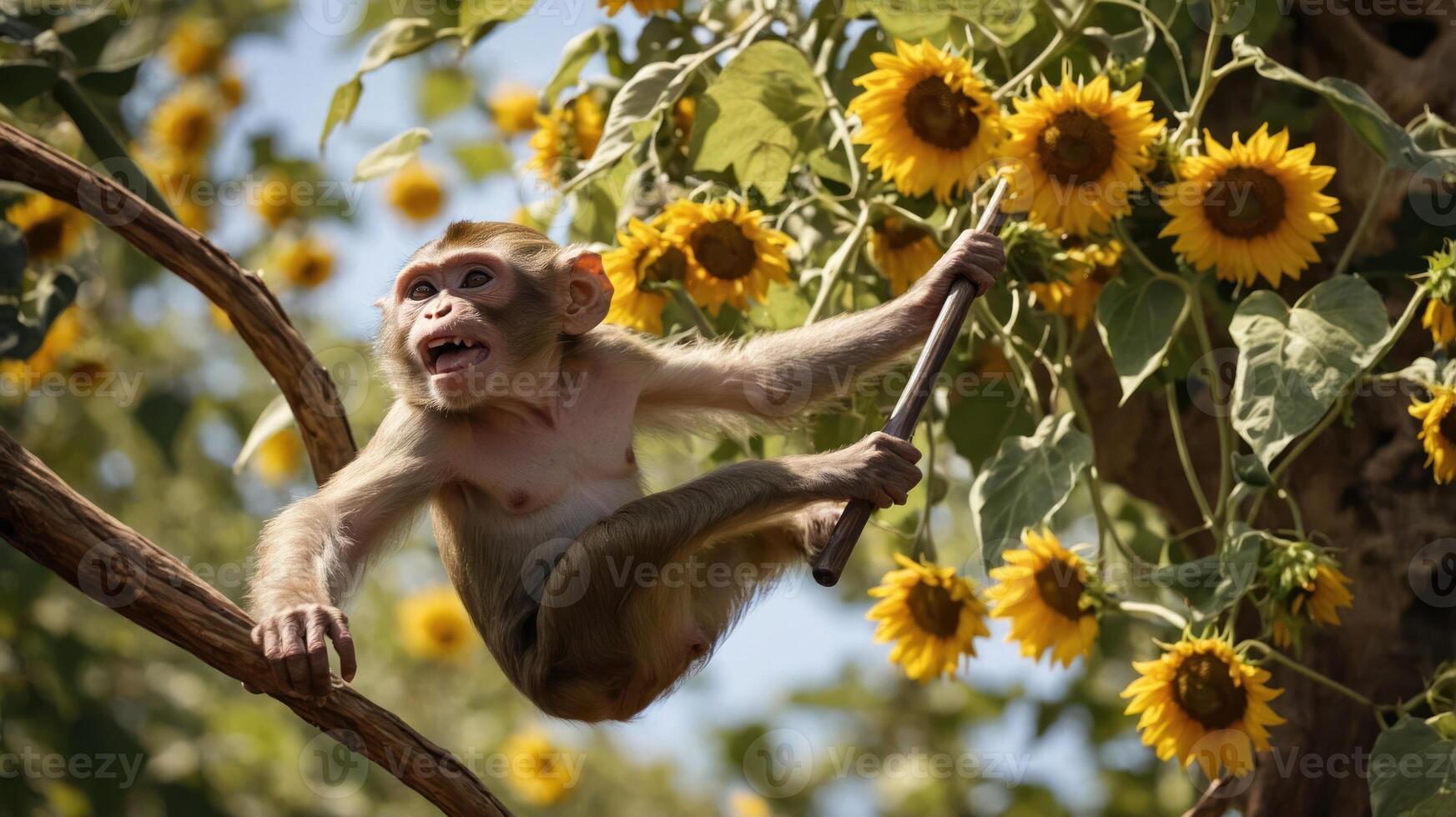 A playful monkey hangs from a branch surrounded by vibrant sunflowers. photo