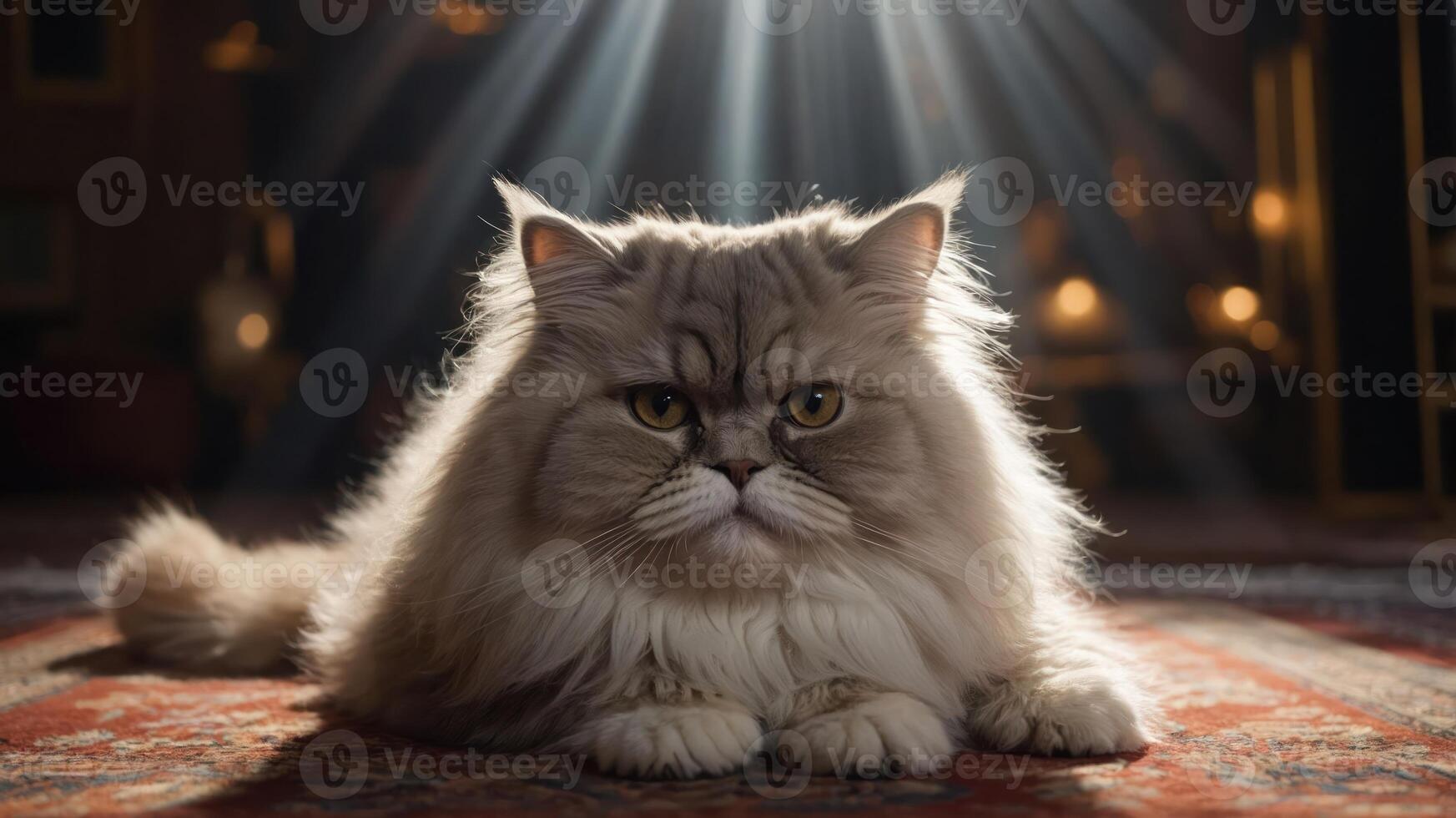A regal Persian cat lounging on a patterned rug, illuminated by soft beams of light. photo