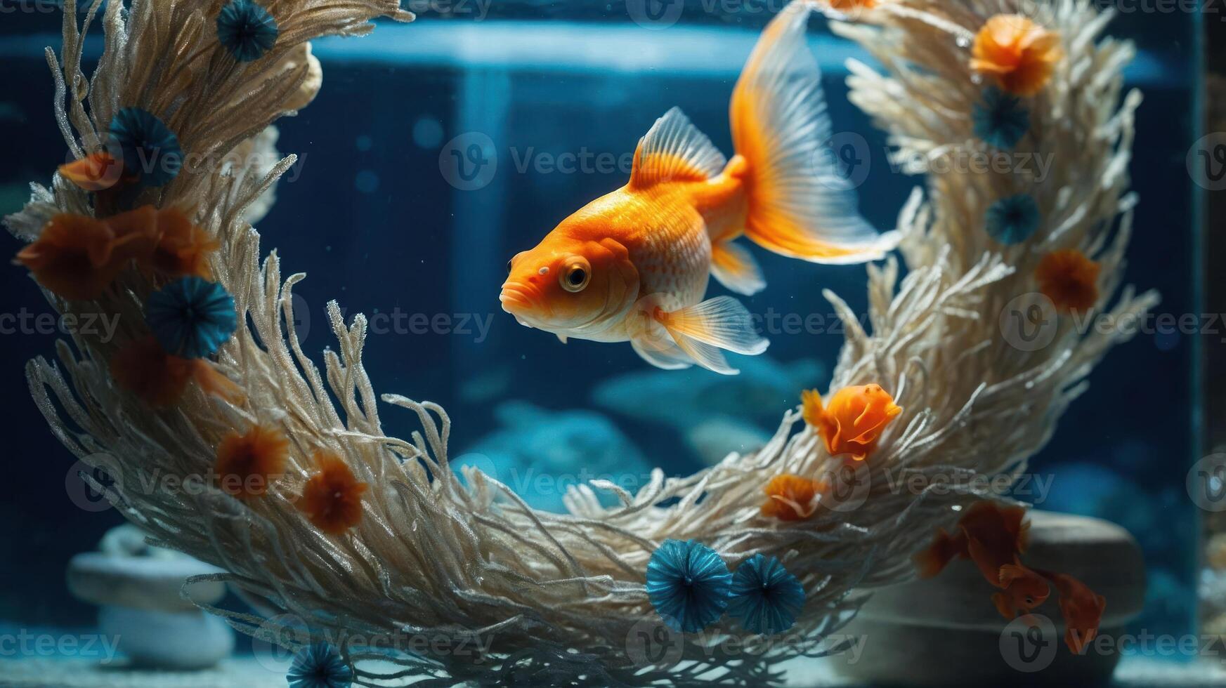 A goldfish swims gracefully within a decorative aquatic arrangement. photo