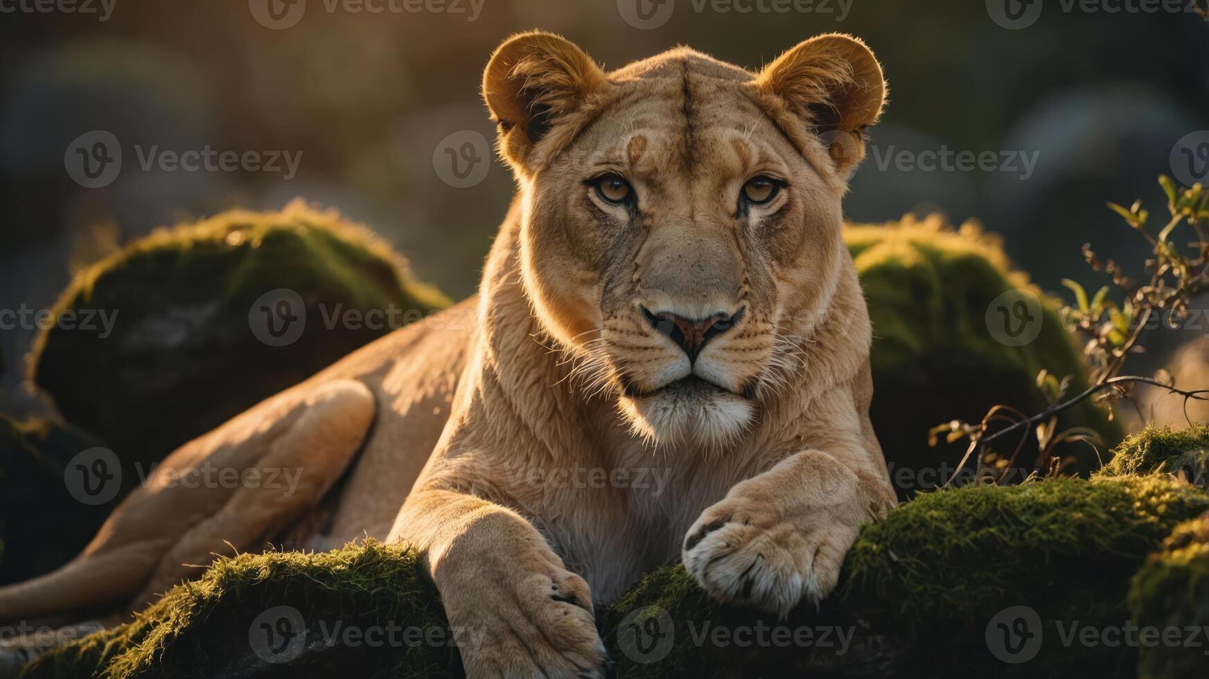 A lioness resting on mossy rocks in a serene natural setting. photo