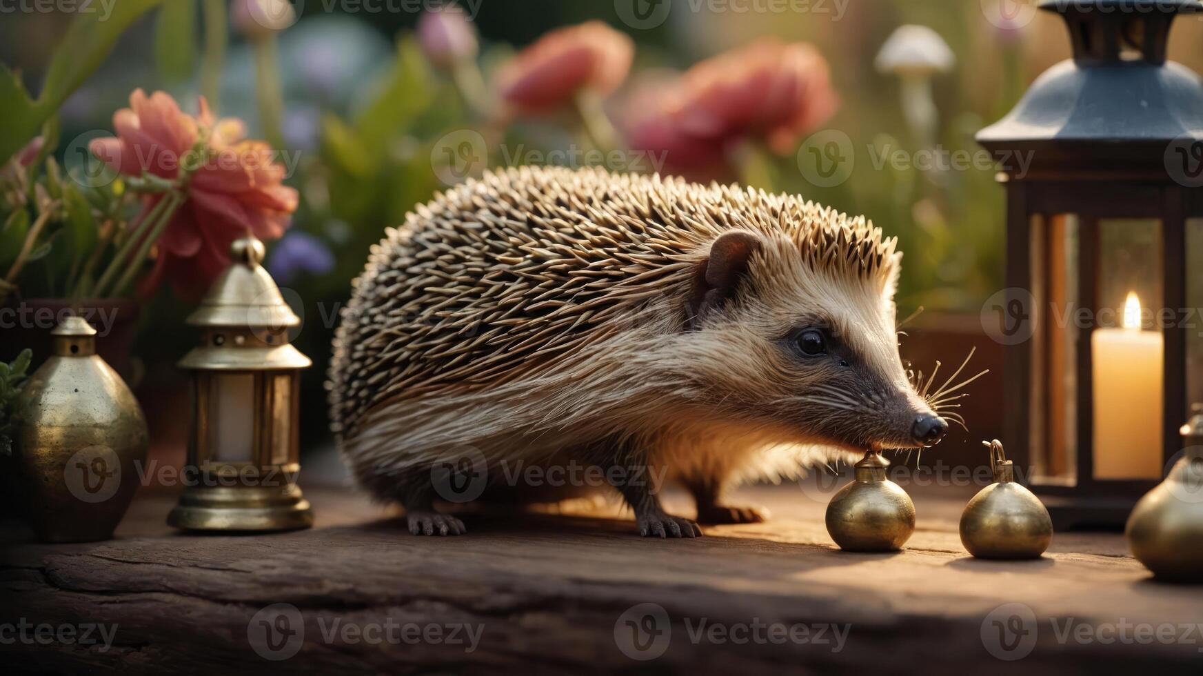 A hedgehog surrounded by flowers and lanterns, creating a cozy outdoor atmosphere. photo