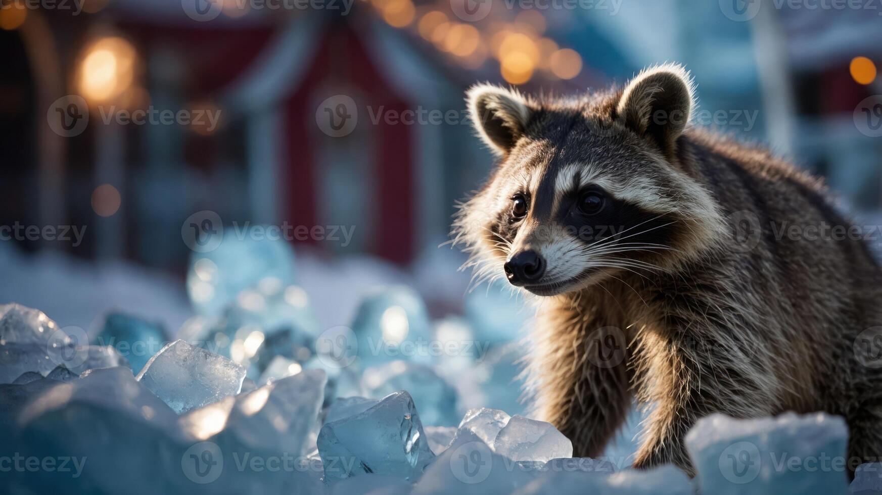 A raccoon stands amidst sparkling ice, highlighting wildlife in a wintery setting. photo