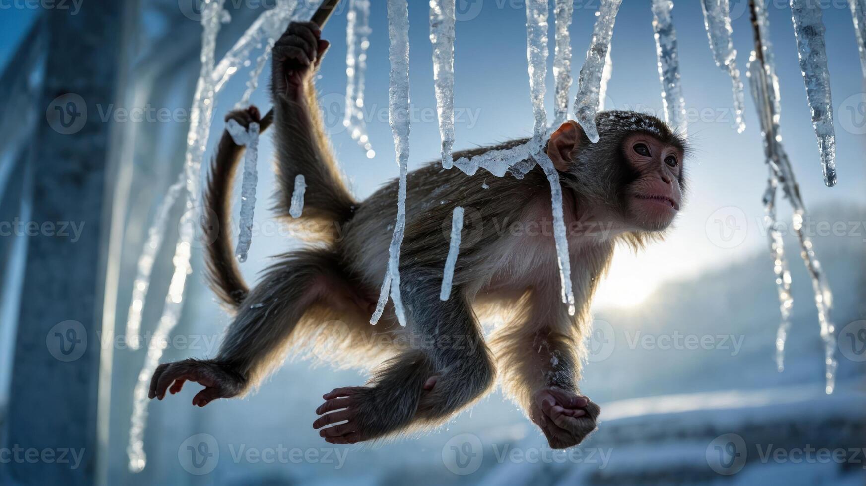 A monkey hanging from icicles, illuminated by sunlight in a wintery landscape. photo
