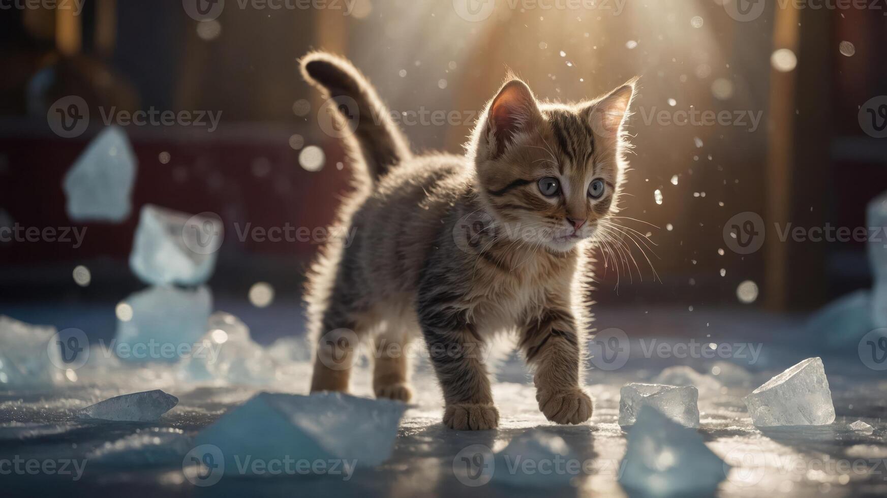 A playful kitten explores a sparkling scene with ice shards and soft lighting. photo