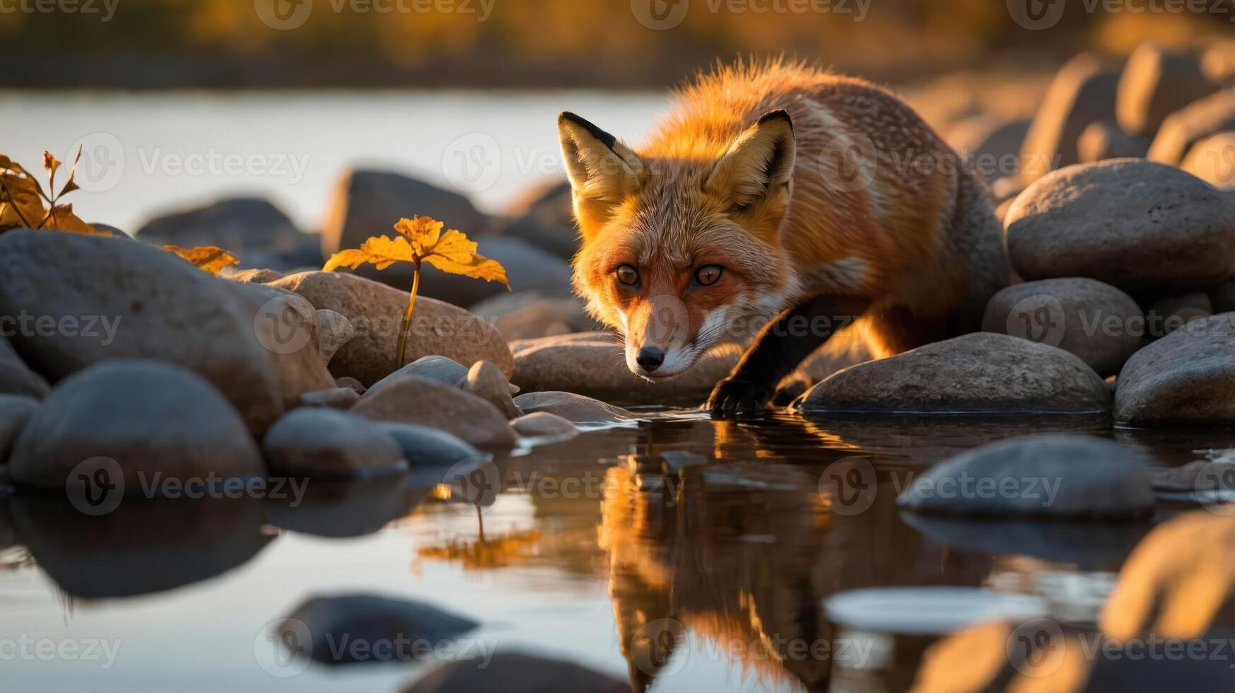 A red fox prowls near a tranquil stream, reflecting its image among smooth stones. photo