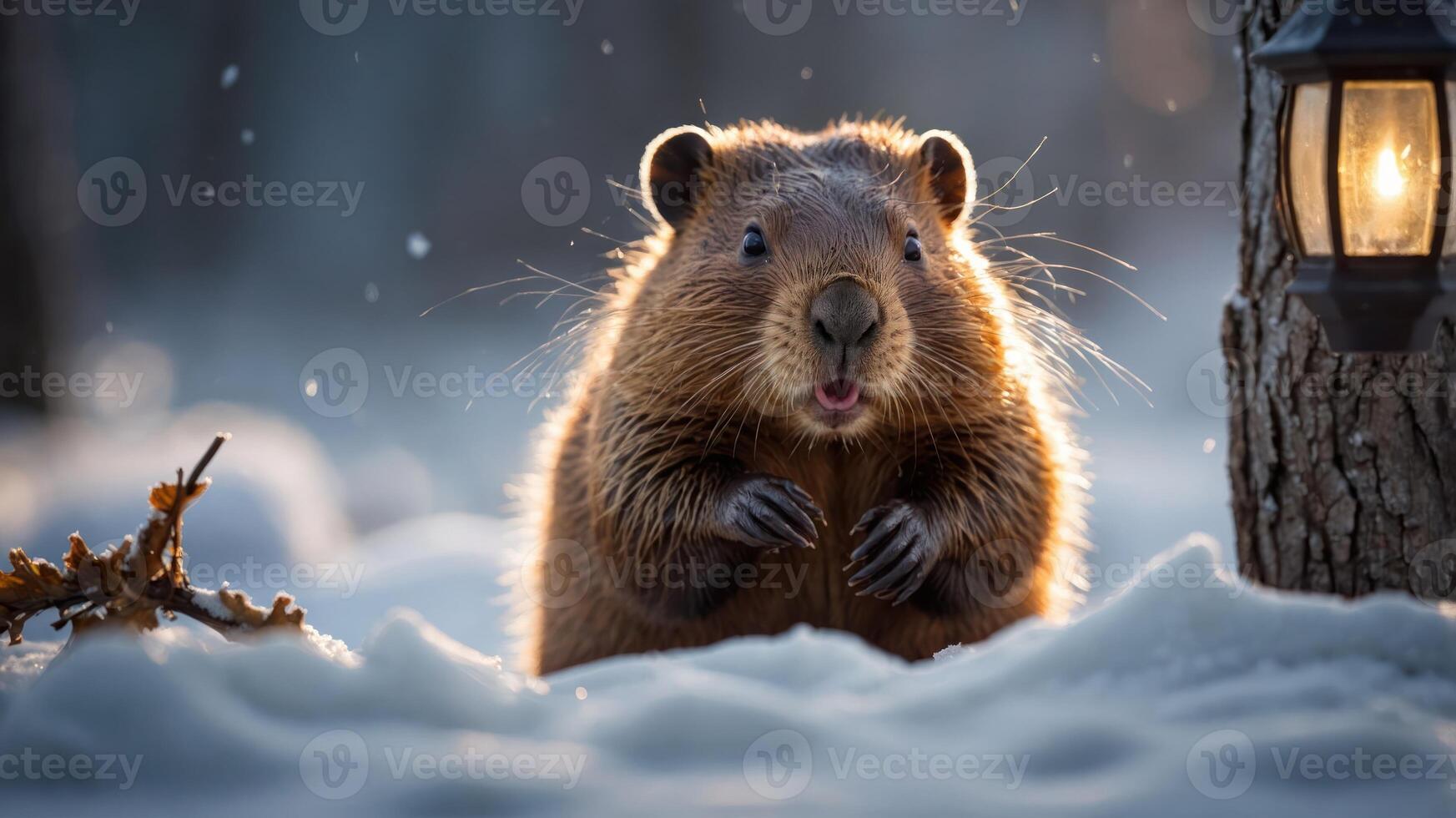 A cute beaver stands in the snow near a lantern, creating a serene winter scene. photo