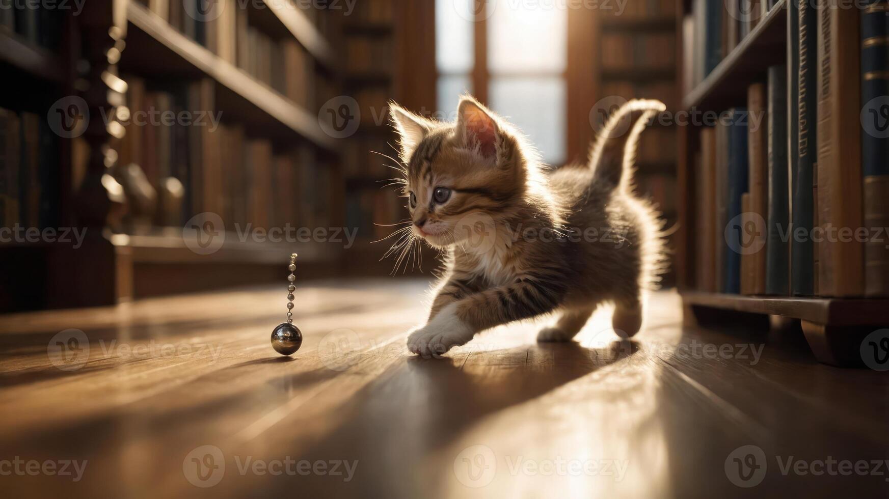 A playful kitten explores a library, captivated by a swinging object. photo