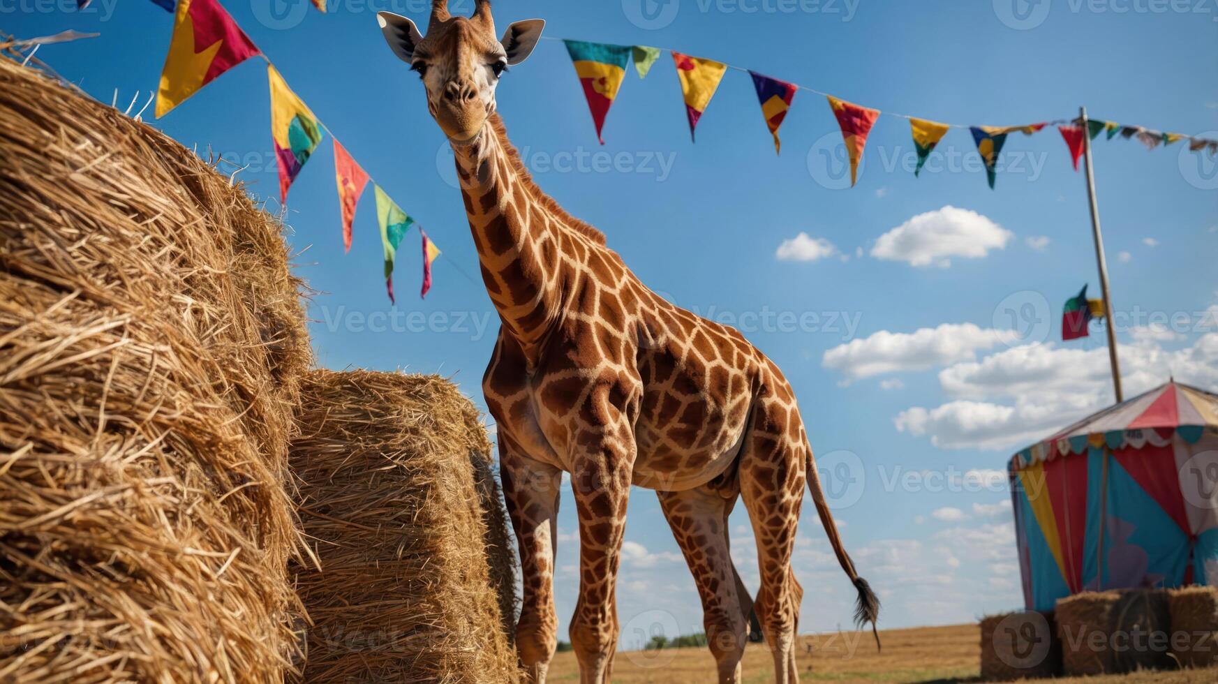 A giraffe stands near hay bales under colorful flags at a festive outdoor setting. photo