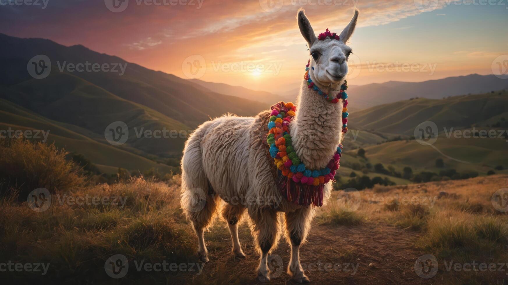 A llama adorned with colorful decorations stands in a scenic landscape at sunset. photo