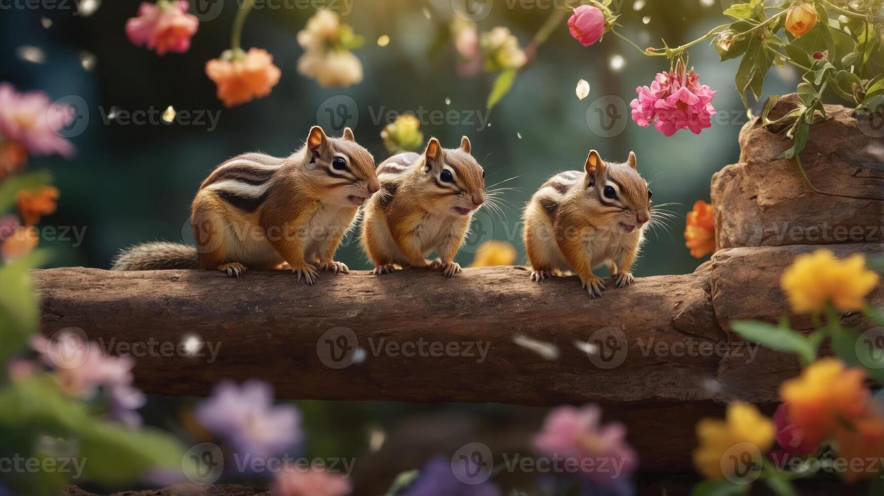Three chipmunks sit on a log amidst colorful flowers in a vibrant garden setting. photo